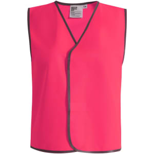 A pink safety vest with contrasting trim, designed for visibility and safety wear. Features a simple, sleeveless design.