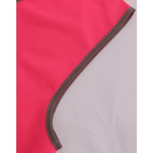 A bright pink safety vest with contrasting grey trim, featuring a smooth, durable fabric. It has a logo visible.