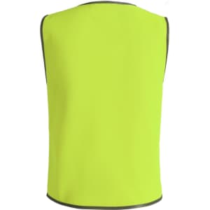 A bright yellow safety vest featuring grey trim and a simple design. It includes a logo.