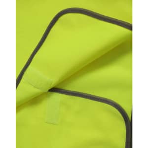 A vibrant yellow kid's safety vest with contrasting trim and a velcro fastening. It features a logo.
