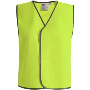 A bright yellow safety vest with grey trim, featuring a logo on the inside label.