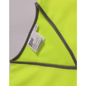 A bright yellow Hi-Vis kid's safety vest with grey trim and a label on the inside.