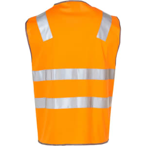An orange safety vest with reflective silver tape stripes, featuring a logo on the back.