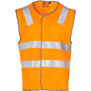 An orange Hi-Vis safety vest featuring reflective tapes, designed for visibility and safety. It includes a logo.