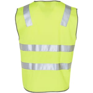 A hi-vis yellow safety vest with reflective silver tapes, featuring a sleeveless design and a logo on the back.