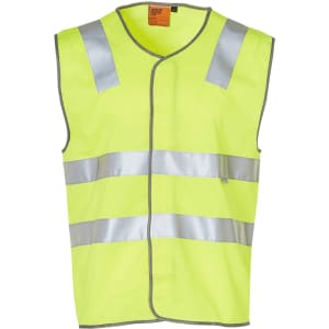 A high-visibility yellow safety vest with reflective silver tape stripes and a branding logo.
