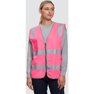 A pink high-visibility safety vest with reflective stripes and utility pockets, worn by a model.