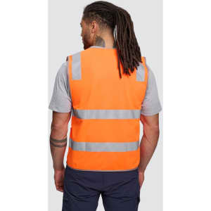 An orange high visibility safety vest with reflective stripes, featuring utility pockets and a logo.