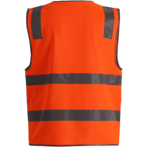 An orange safety vest with grey reflective stripes and utility pockets, featuring a logo.