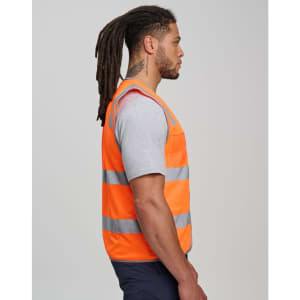 An orange hi vis safety zip vest with ID and utility pockets, featuring reflective stripes.