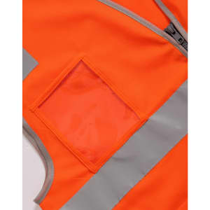 An orange high visibility vest with grey reflective strips and a clear ID pocket.