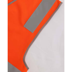 An orange safety vest with reflective grey strips and utility pockets, featuring a logo on one side.