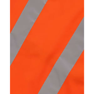An orange safety vest featuring reflective grey stripes, with an attached logo.