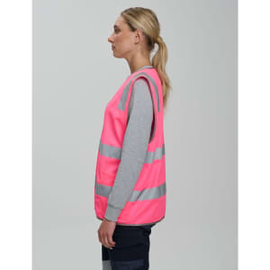 A pink Hi Vis safety zip vest with reflective stripes and utility pockets, displayed on a model from the side.