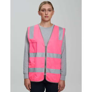 A bright pink safety zip vest featuring reflective stripes and utility pockets, with a visible logo.