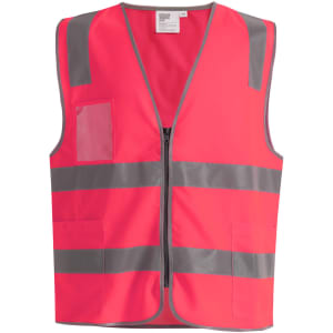 A vibrant pink safety vest featuring reflective stripes and utility pockets, including a clear ID pocket.