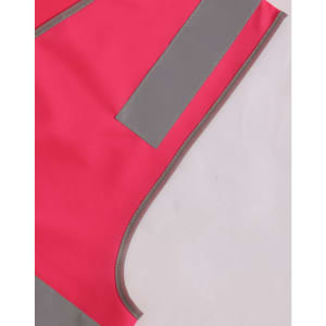 A bright pink safety vest featuring grey reflective strips and utility pockets, with a logo on the fabric.