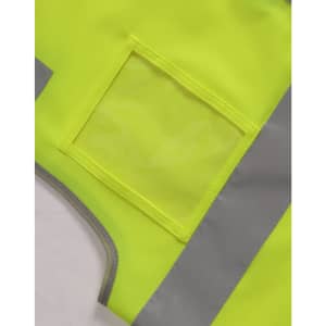 A bright yellow safety vest featuring utility pockets and reflective grey strips. It has a clear ID pocket.