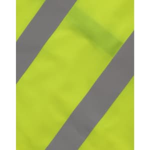 A high visibility safety vest in bright yellow with reflective grey stripes. It includes utility pockets and an ID holder.