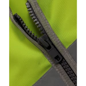 A close-up of a zip on a high visibility safety vest in bright yellow and grey. The vest features utility pockets.