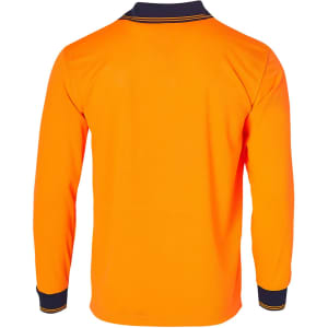 A long-sleeve polo shirt in bright orange with navy accents and a collar, featuring a logo on the chest.