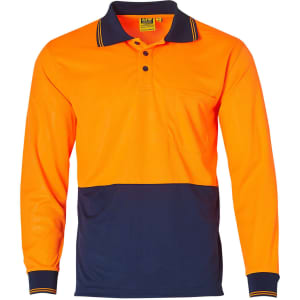 Hi-Vis long sleeve polo shirt in bright orange with a navy blue lower section and a front pocket, featuring a collar and branding.