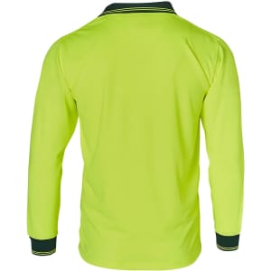 A long-sleeved, high-visibility polo shirt in bright yellow with navy accents and a branded logo.