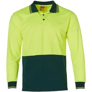 A long-sleeve safety polo shirt in high visibility yellow with a dark green bottom section, featuring a chest pocket and branding.