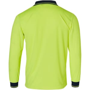 A Hi-Vis long sleeve safety polo in bright yellow with navy collar and cuffs, featuring a logo.