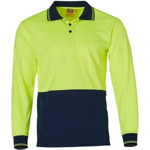 A long-sleeved work polo shirt in high-visibility yellow with a navy blue bottom panel and a pocket. It has a logo.