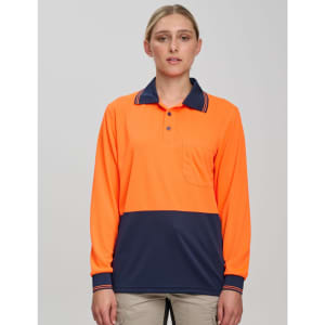 A long-sleeve work polo shirt in bright orange and navy blue with a pocket and a logo on the chest.
