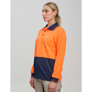 Hi-Vis cooldry safety polo shirt in bright orange and navy, featuring long sleeves and a small pocket. Has branding.