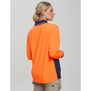 A long-sleeved, high-visibility polo shirt in orange with navy accents and a logo on the chest.