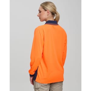 A long-sleeve safety polo shirt in high-visibility orange with a navy collar, featuring a logo.