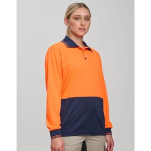 A bright orange and navy long-sleeve safety polo shirt with a pocket and a logo.