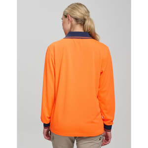 A long-sleeve high-visibility orange safety polo shirt with a navy collar, featuring a logo.
