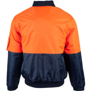 A hi-vis two-tone flying jacket featuring an orange top and dark navy bottom. The jacket has a collar and a sleeve pocket.