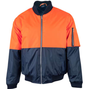 A Hi-Vis two-tone jacket featuring orange and navy colours, designed for safety wear. Includes a logo on the jacket.