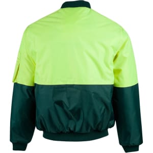A Hi-Vis two-tone flying jacket featuring a bright yellow upper and dark green lower section, with elasticised cuffs and hem.