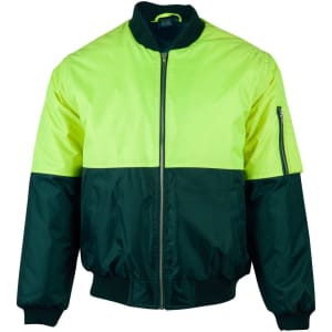 A hi-vis two-tone flying jacket in bright yellow and dark green with zippered pockets and a logo.