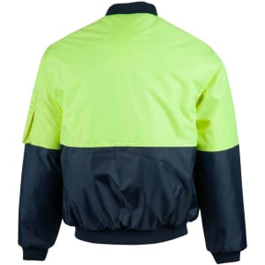 A hi-vis two-tone flying jacket featuring a bright yellow upper and navy blue lower sections, with a logo on the sleeve.