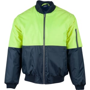 A Hi-Vis two-tone flying jacket in fluorescent yellow and navy blue with a zip pocket and a logo.