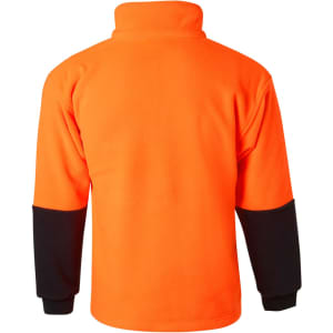 A Hi-Vis polar fleece half zip pullover in bright orange with black sleeves, featuring a logo on the front.