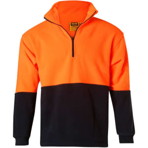 A Hi-Vis polar fleece half zip pullover in bright orange and black, featuring a zip collar and long sleeves.