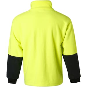 A Hi-Vis polar fleece half zip pullover in fluorescent yellow with black sleeves and a logo.