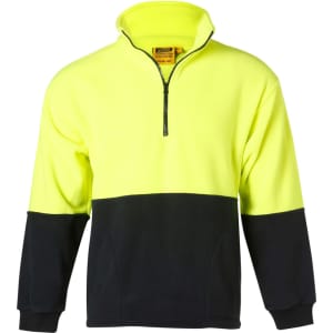 A bright yellow and black Hi-Vis polar fleece half zip pullover with a front zip and long sleeves. Features a logo.