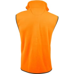 A polar fleecy vest in high-visibility orange, featuring a collar and black edging, with a branding logo.