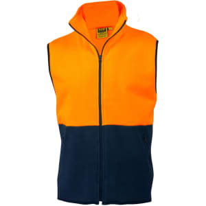 A two-tone polar fleece vest in high-visibility orange and navy blue, featuring a front zip and a collar.