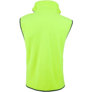 A bright yellow two-tone polar fleece vest with a high collar and contrasting trim, featuring a logo.