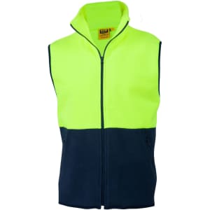 A Hi-Vis two tone polar fleecy vest in fluorescent yellow and navy blue with a zip and pockets.
